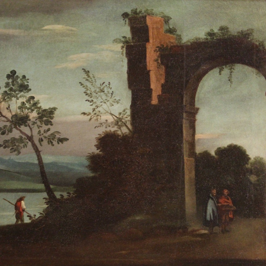 Dipinto italiano paesaggio con personaggi e rovine del XVIII secolo-photo-1