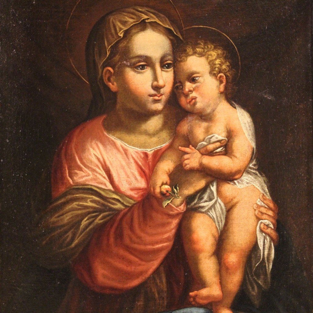 Dipinto antico religioso Madonna con bambino del XVII secolo-photo-4