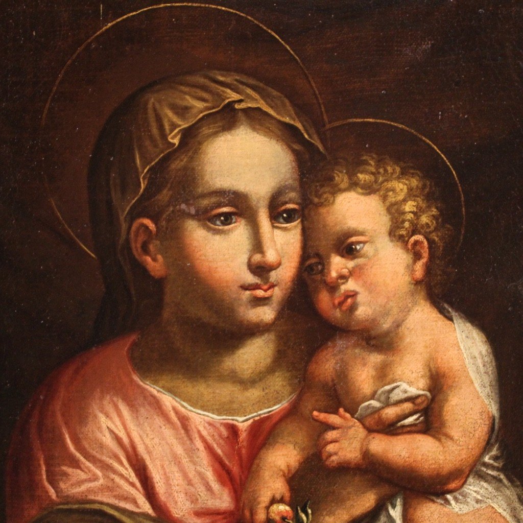 Dipinto antico religioso Madonna con bambino del XVII secolo-photo-1