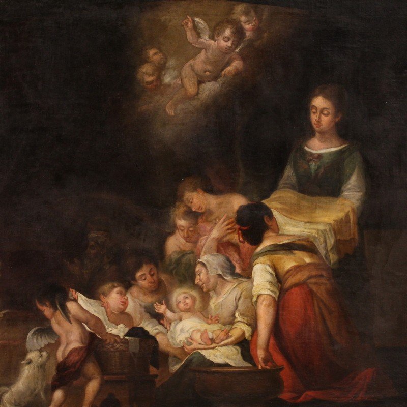 Grande dipinto spagnolo del XVIII secolo, La Natività della Vergine