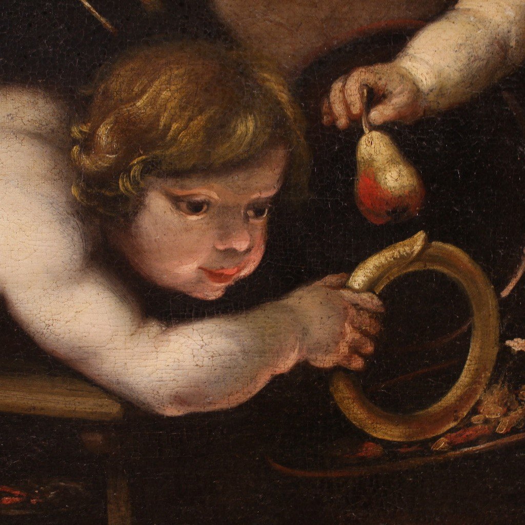 Antico dipinto olio su tela del XVII secolo, giochi di putti-photo-4