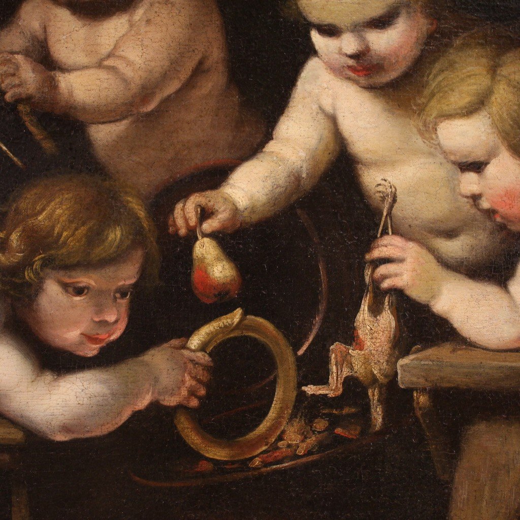 Antico dipinto olio su tela del XVII secolo, giochi di putti-photo-7