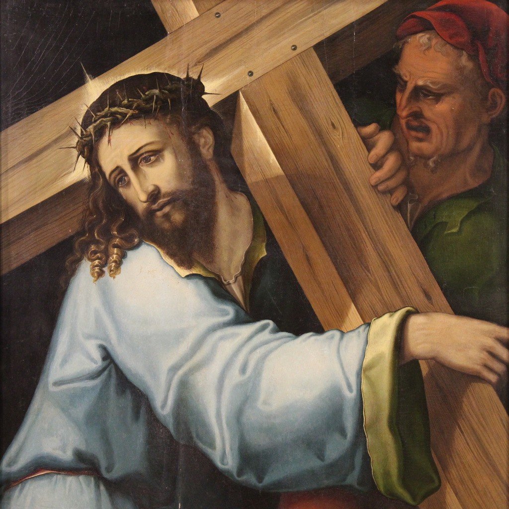 Grande dipinto su tavola del XVII secolo, Cristo portacroce-photo-1