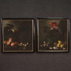 Elegante coppia di nature morte con pappagalli del XVII secolo