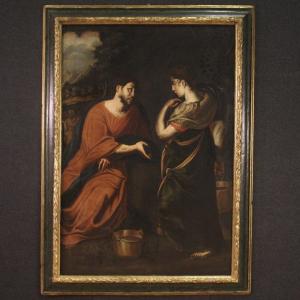 Grande dipinto antico del XVII secolo, Cristo e la Samaritana al pozzo