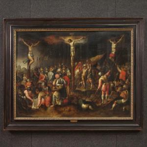 Grande tavola fiamminga del XVII secolo, la Crocifissione sul monte Calvario