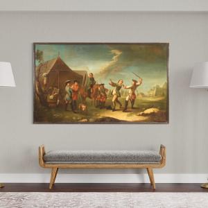 Dipinto francese accampamento con soldati e cavalli del XIX secolo