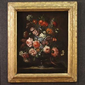 Dipinto natura morta con vaso di fiori e cornice coeva del XVII secolo
