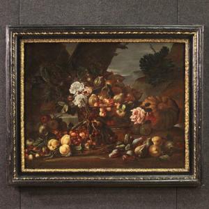 Grande natura morta con fiori e frutta del XVII secolo