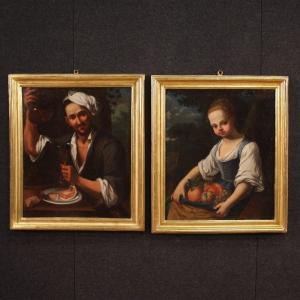 Raffinata coppia di dipinti figure di carattere del XVIII secolo