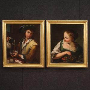 Elegante coppia di quadri di figure di carattere del XVIII secolo