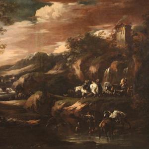 Scuola genovese del XVIII secolo, grande dipinto paesaggio con figure