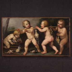 Antico dipinto scuola rudolfina del XVII secolo, giochi di putti