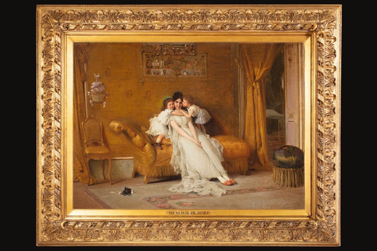 Dipinto olio su tela di Francesco Valaperta (Milano 1836-1908) "Chi mi vuol più bene?"