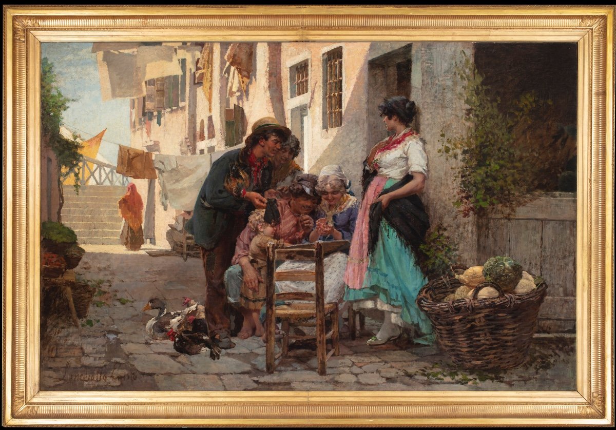 Dipinto di Egisto Lancerotto (1847-1916) "Il gioco della tombola"