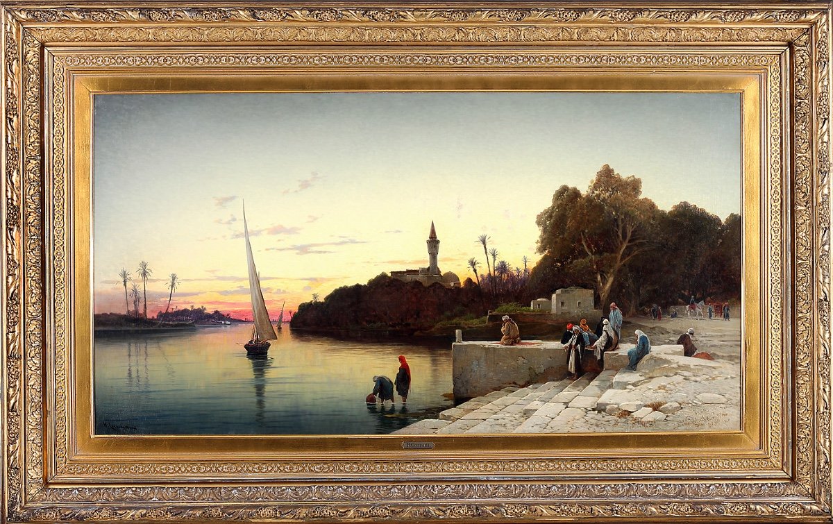 Dipinto di Hermann Corrodi (Roma 1844-1905), “Tramonto sul Nilo”