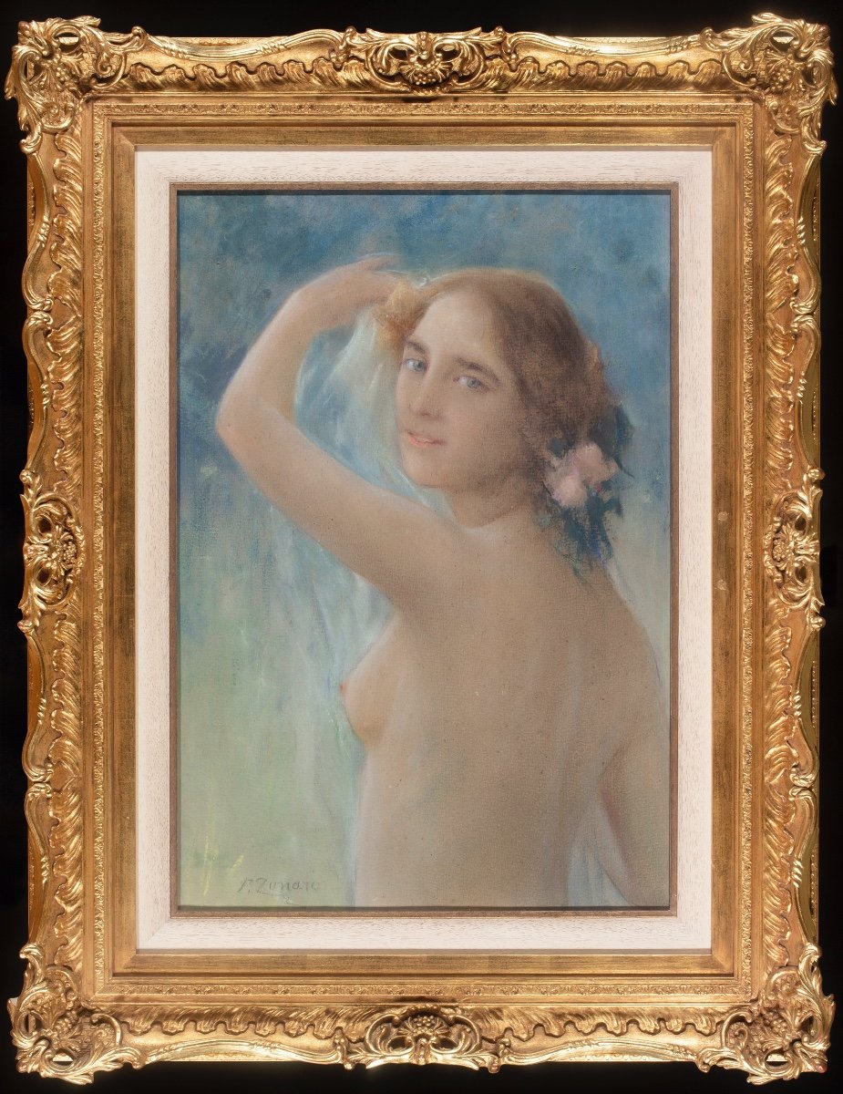 Pastello di Fausto Zonaro (Masi 1854 - Sanremo 1929), "Nudo di fanciulla"