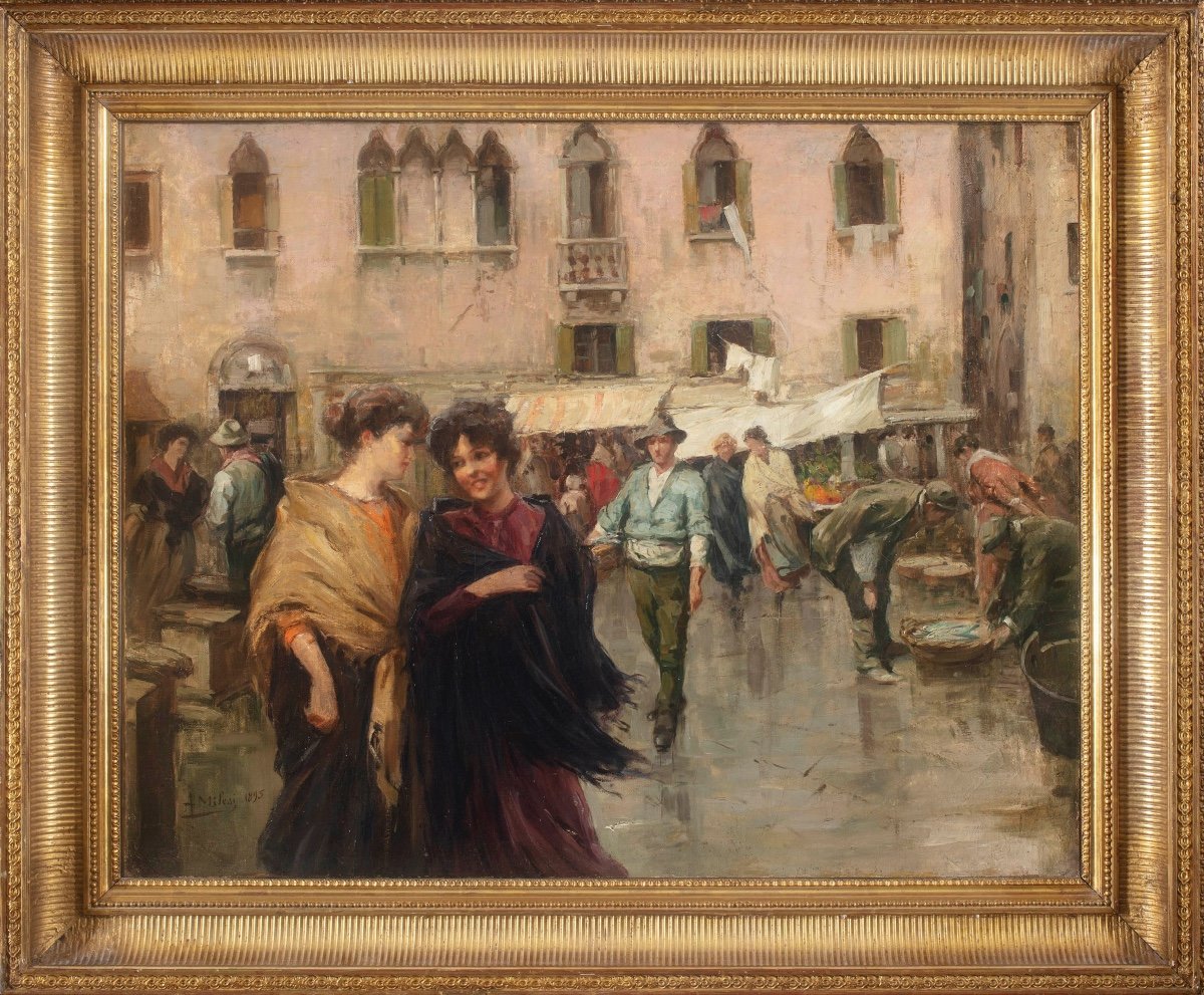 Dipinto di Alessandro Milesi (Venezia 1856 – 1945), “Il Mercato”-photo-3