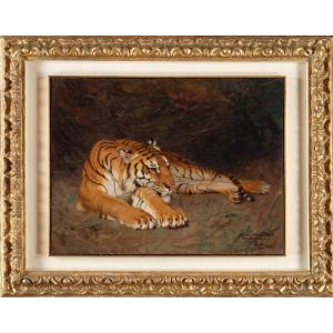 Dipinto di Gustave Surand (Parigi 1860 - 1937) raffigurante tigre a riposo