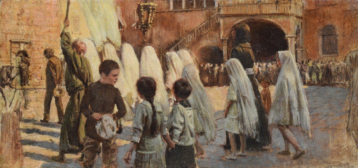  Adolf Hiremy Hirschl (Temesvàr 1860 – Roma 1933), Processione nella piazza di Capodistria