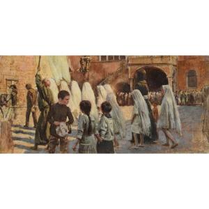  Adolf Hiremy Hirschl (Temesvàr 1860 – Roma 1933), Processione nella piazza di Capodistria