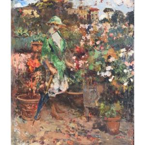 Vincenzo Irolli (Napoli 1860 – 1949), Luisella Longo Courmes nel suo terrazzo a Capodimonte