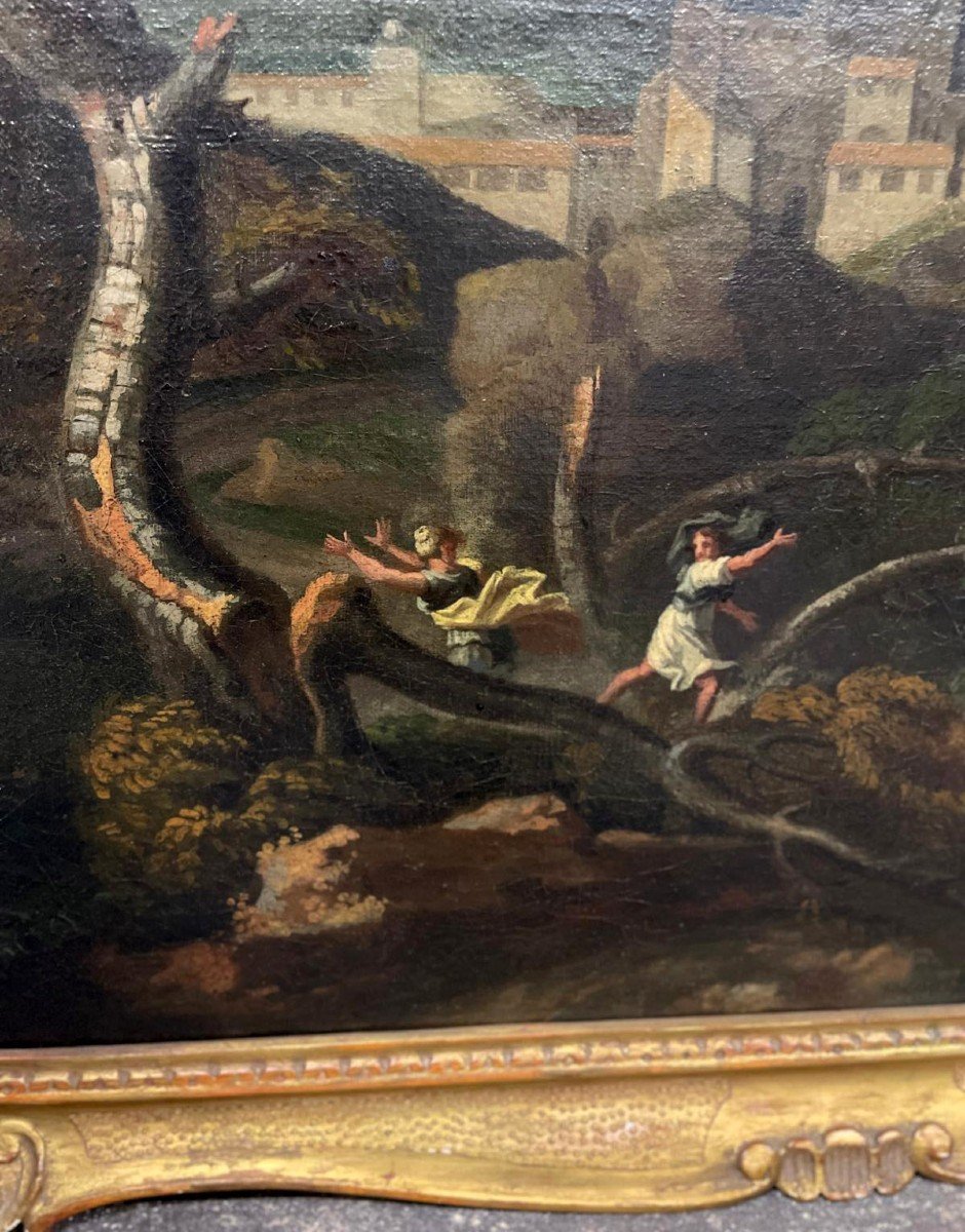 Paesaggio con tuono e figure, olio su tela del ‘700, scuola romana-photo-4