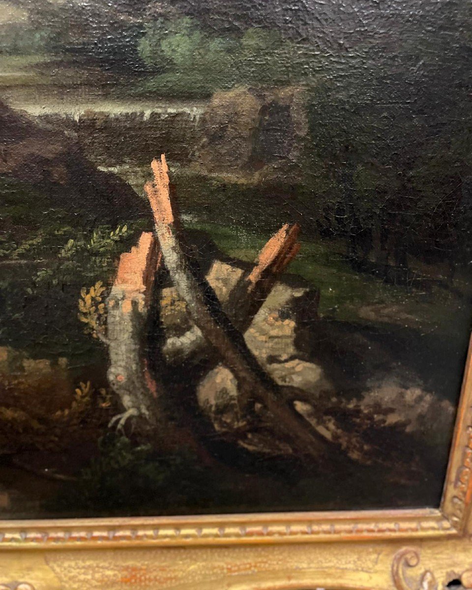 Paesaggio con tuono e figure, olio su tela del ‘700, scuola romana-photo-1