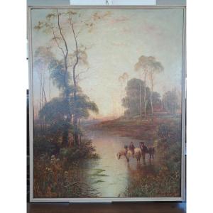 Grande dipinto dell' Ottocento - Paesaggio fluviale con alberi -