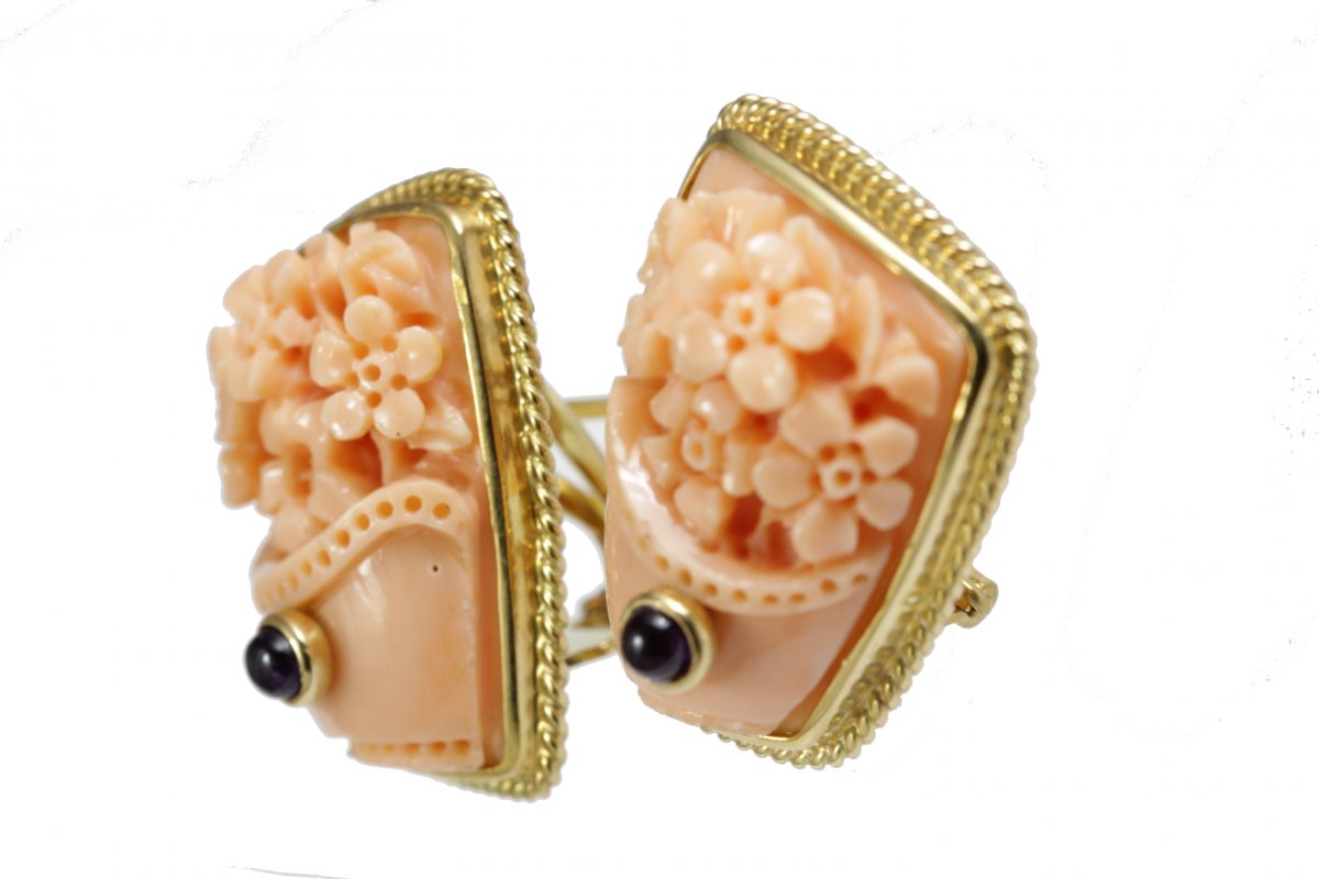 Boucles d'Oreilles Vintage Or  Corail Saphir-photo-2