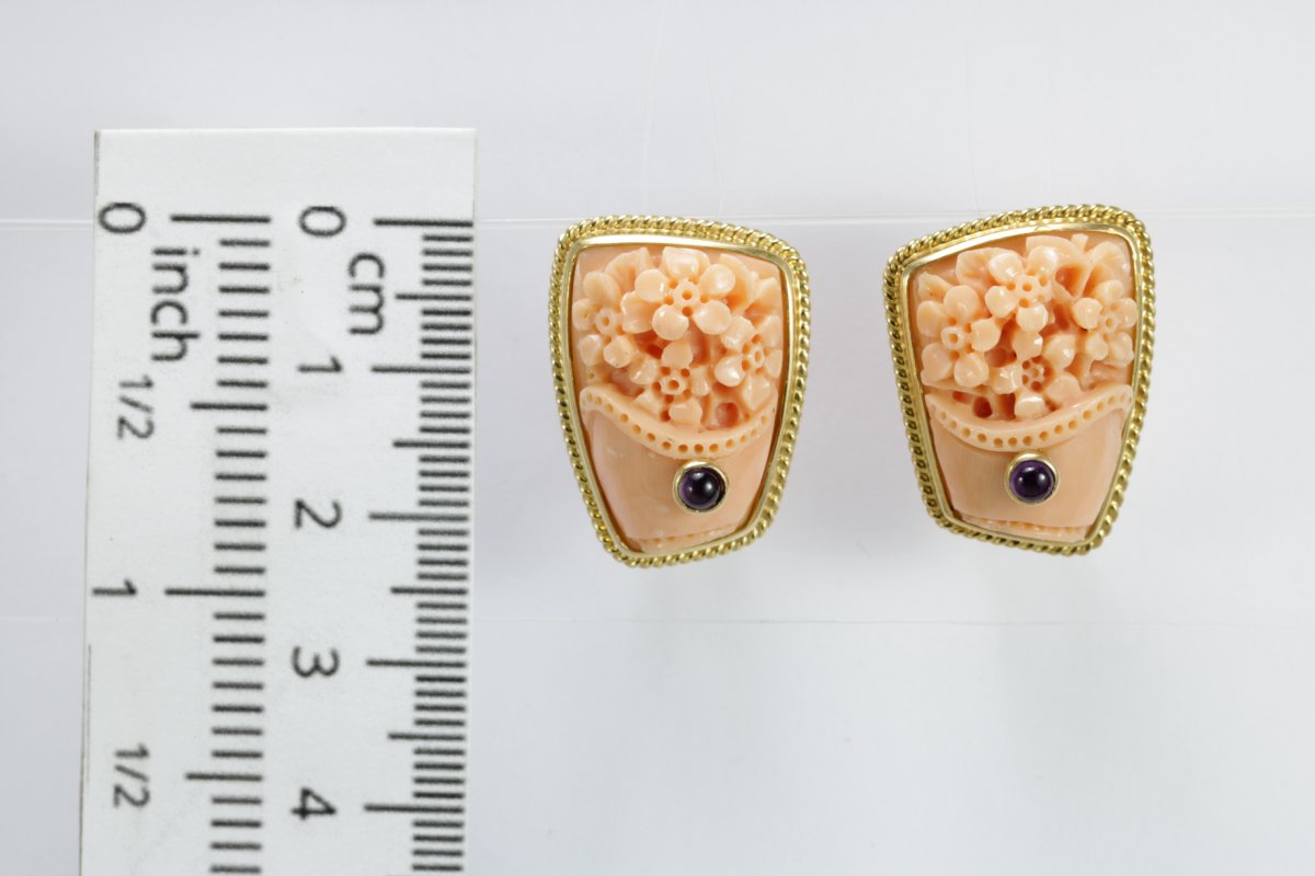 Boucles d'Oreilles Vintage Or  Corail Saphir-photo-3