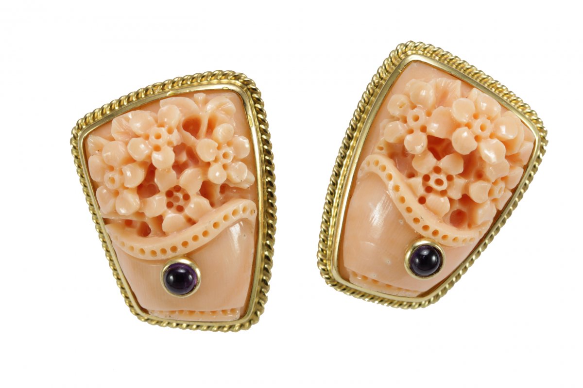 Boucles d'Oreilles Vintage Or  Corail Saphir