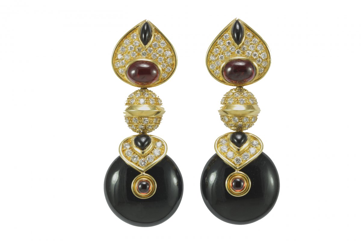 Boucles d'Oreilles Vintage Or Amethyste Onyx Rubis Diamant-photo-2