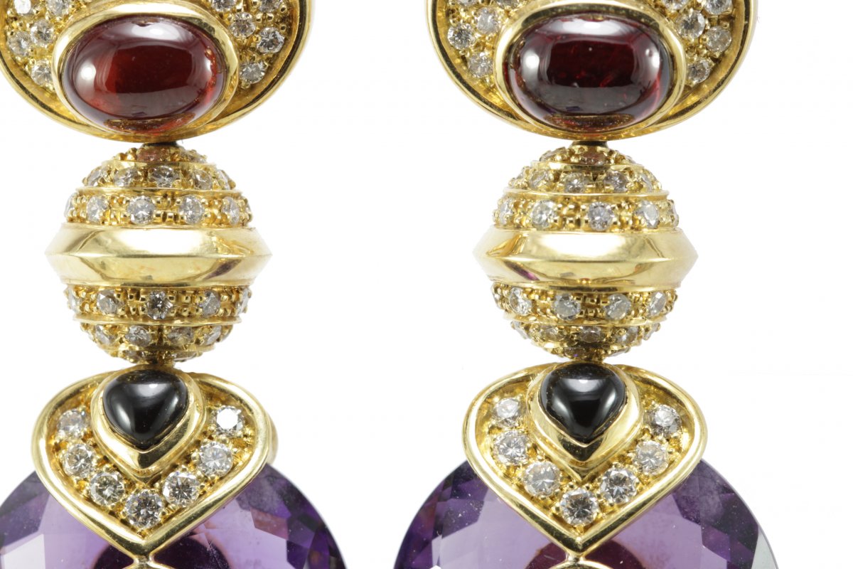 Boucles d'Oreilles Vintage Or Amethyste Onyx Rubis Diamant-photo-1