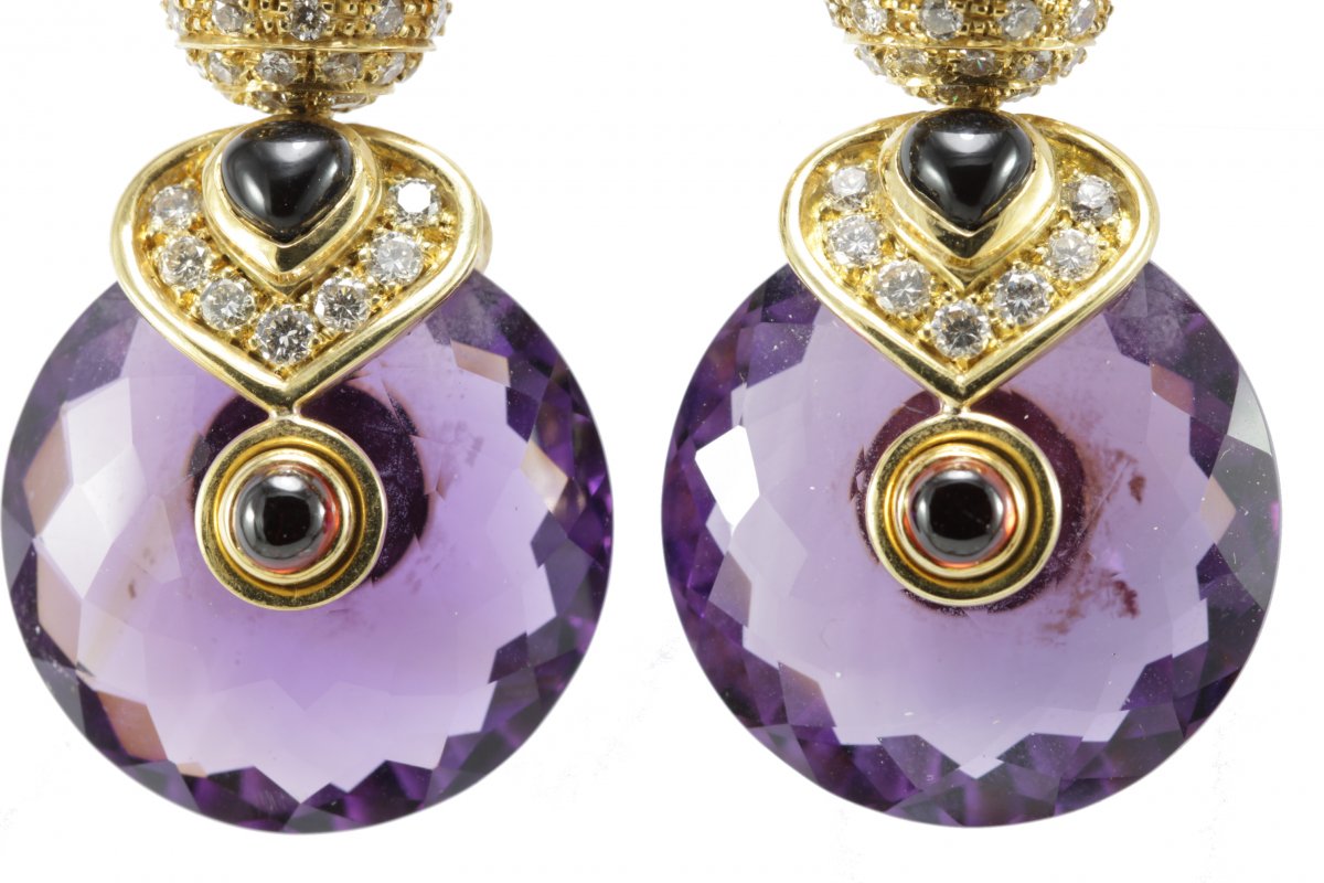 Boucles d'Oreilles Vintage Or Amethyste Onyx Rubis Diamant-photo-2