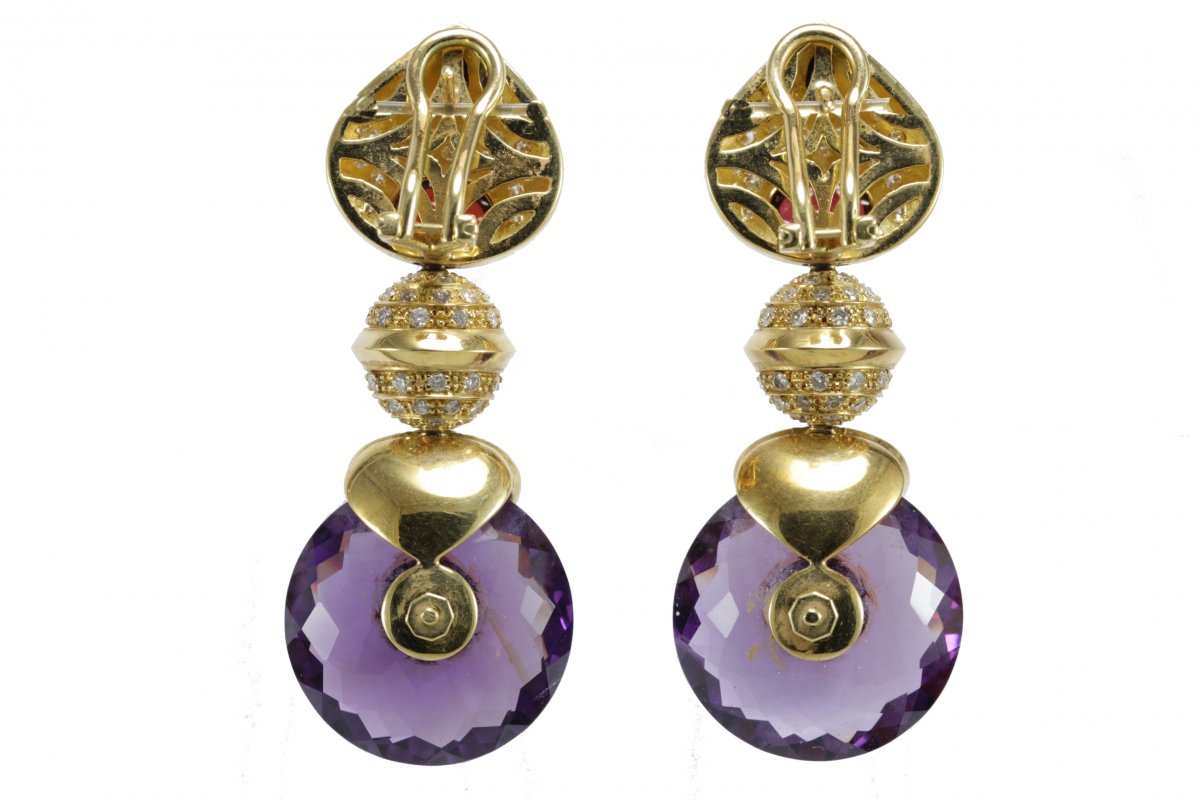 Boucles d'Oreilles Vintage Or Amethyste Onyx Rubis Diamant-photo-3