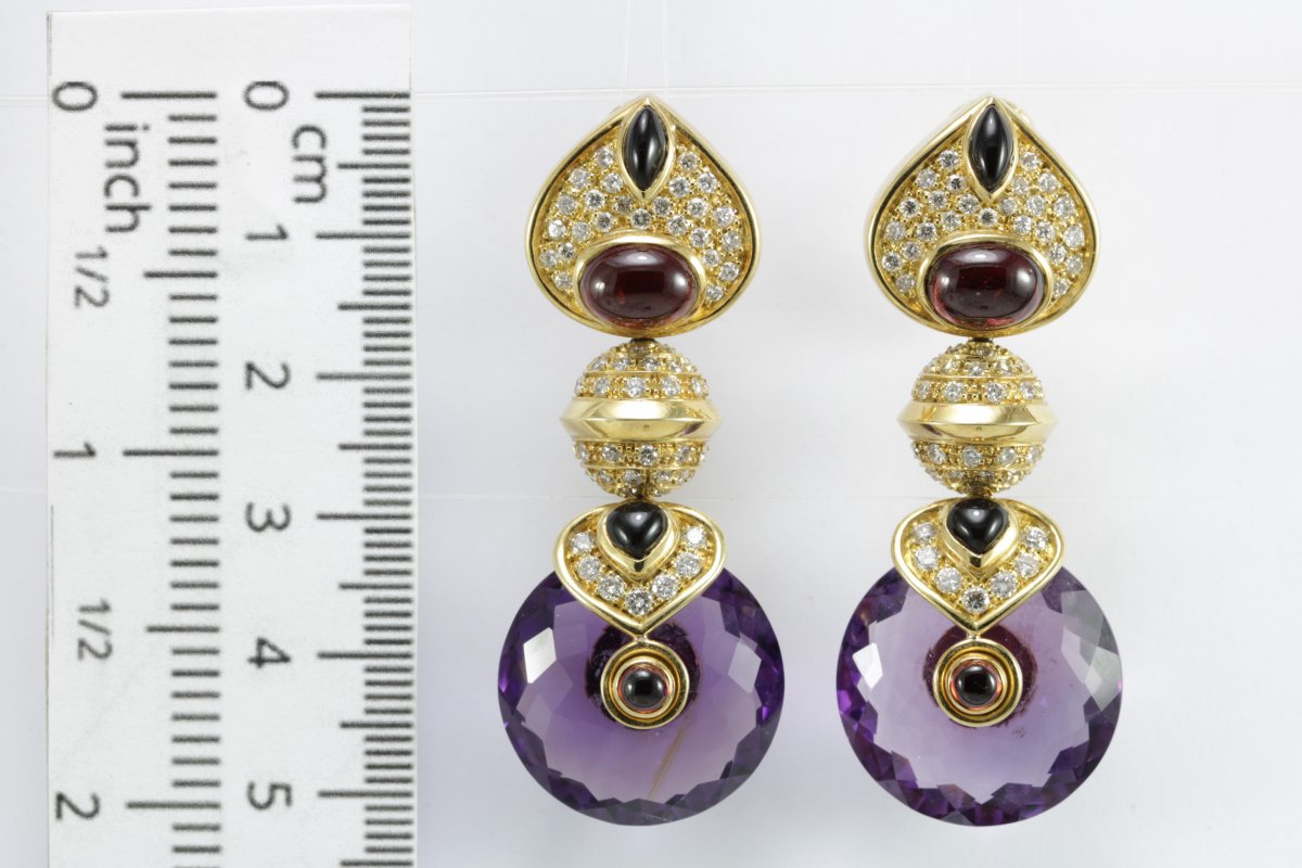 Boucles d'Oreilles Vintage Or Amethyste Onyx Rubis Diamant-photo-5