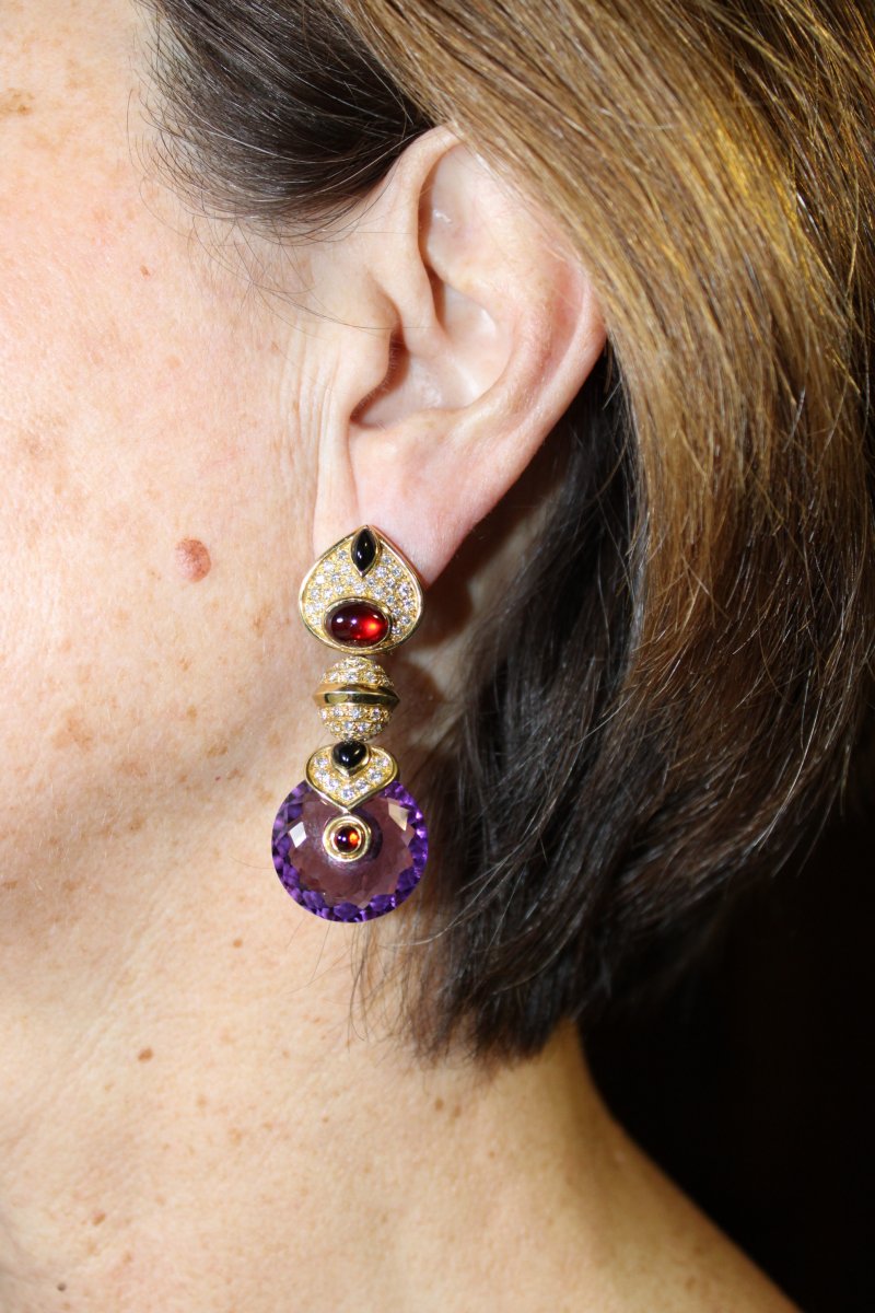 Boucles d'Oreilles Vintage Or Amethyste Onyx Rubis Diamant-photo-6