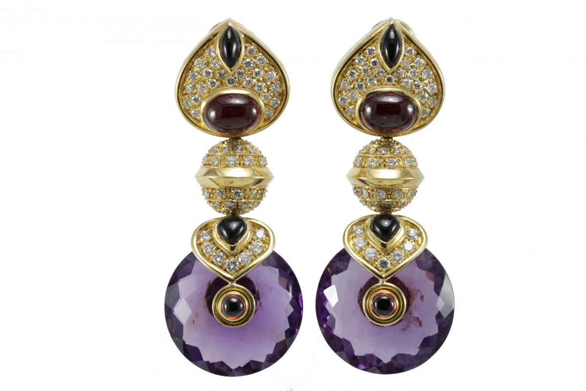 Boucles d'Oreilles Vintage Or Amethyste Onyx Rubis Diamant