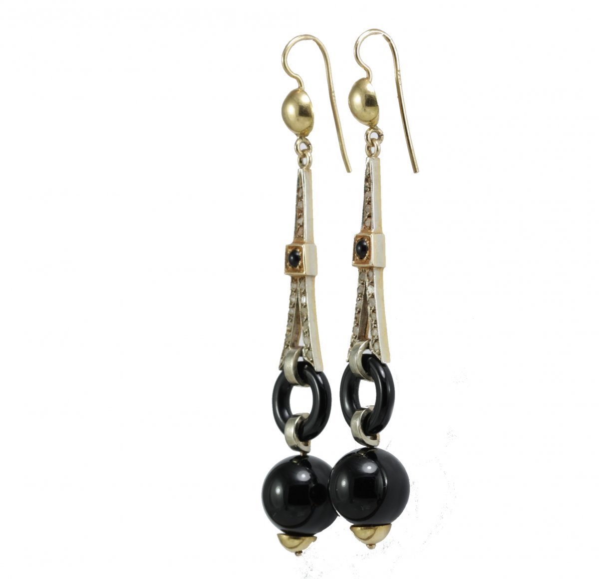 Boucles d'Oreilles Art Deco Or Onyx Diamant-photo-2