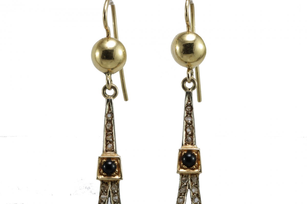 Boucles d'Oreilles Art Deco Or Onyx Diamant-photo-3