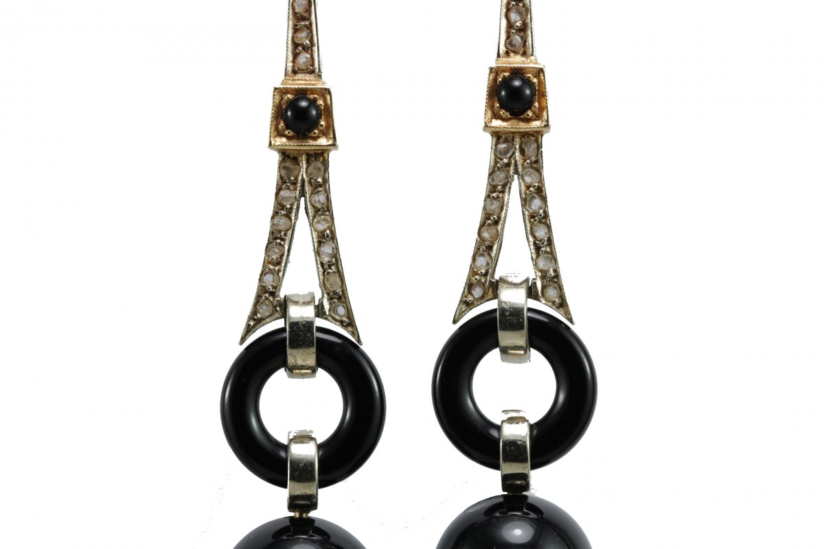 Boucles d'Oreilles Art Deco Or Onyx Diamant-photo-4