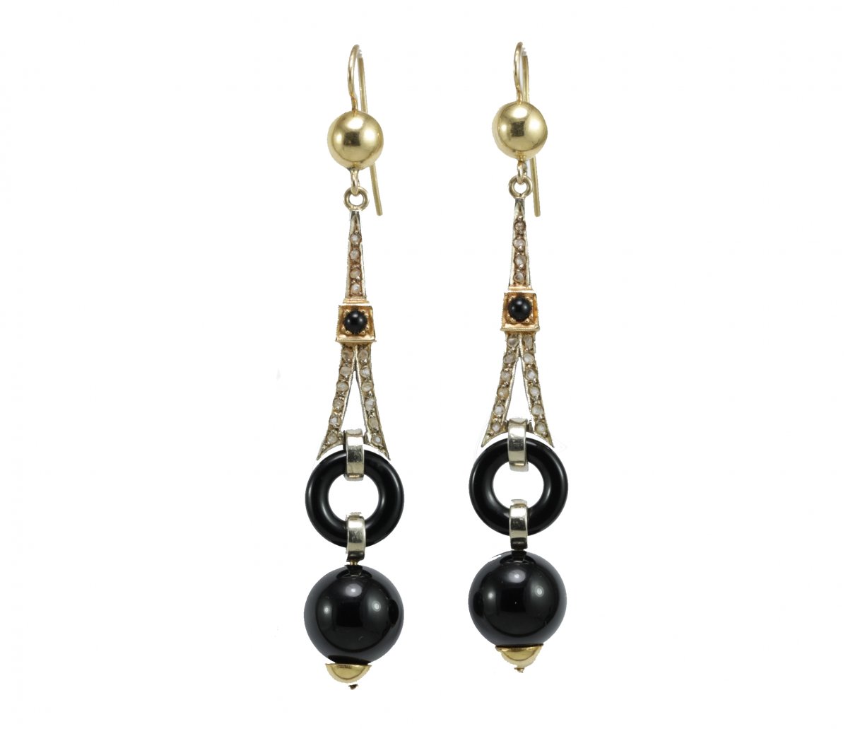 Boucles d'Oreilles Art Deco Or Onyx Diamant