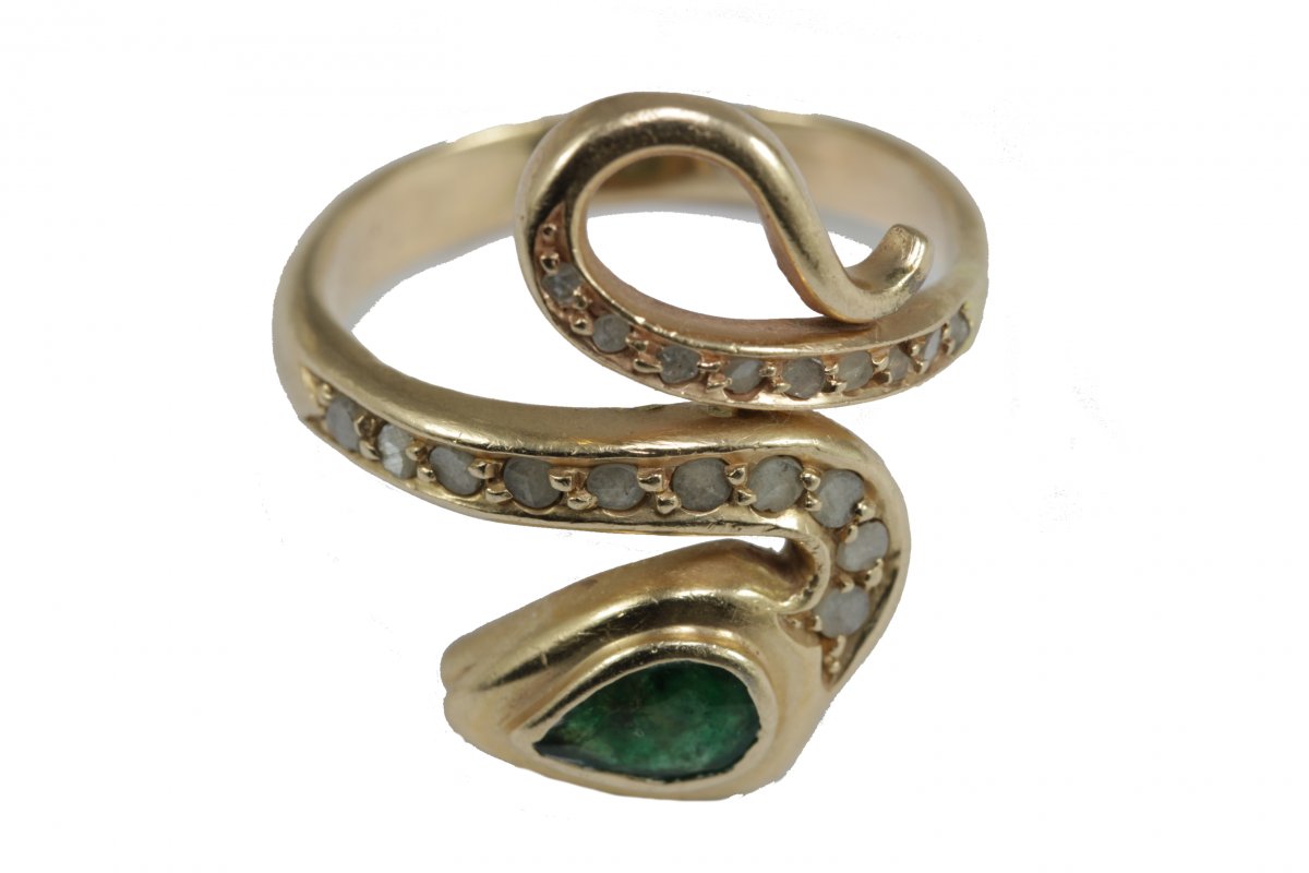 Bague Serpent Ancienne Or Emeraude Diamant-photo-4