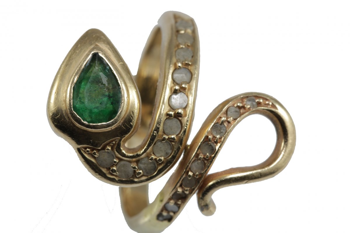 Bague Serpent Ancienne Or Emeraude Diamant