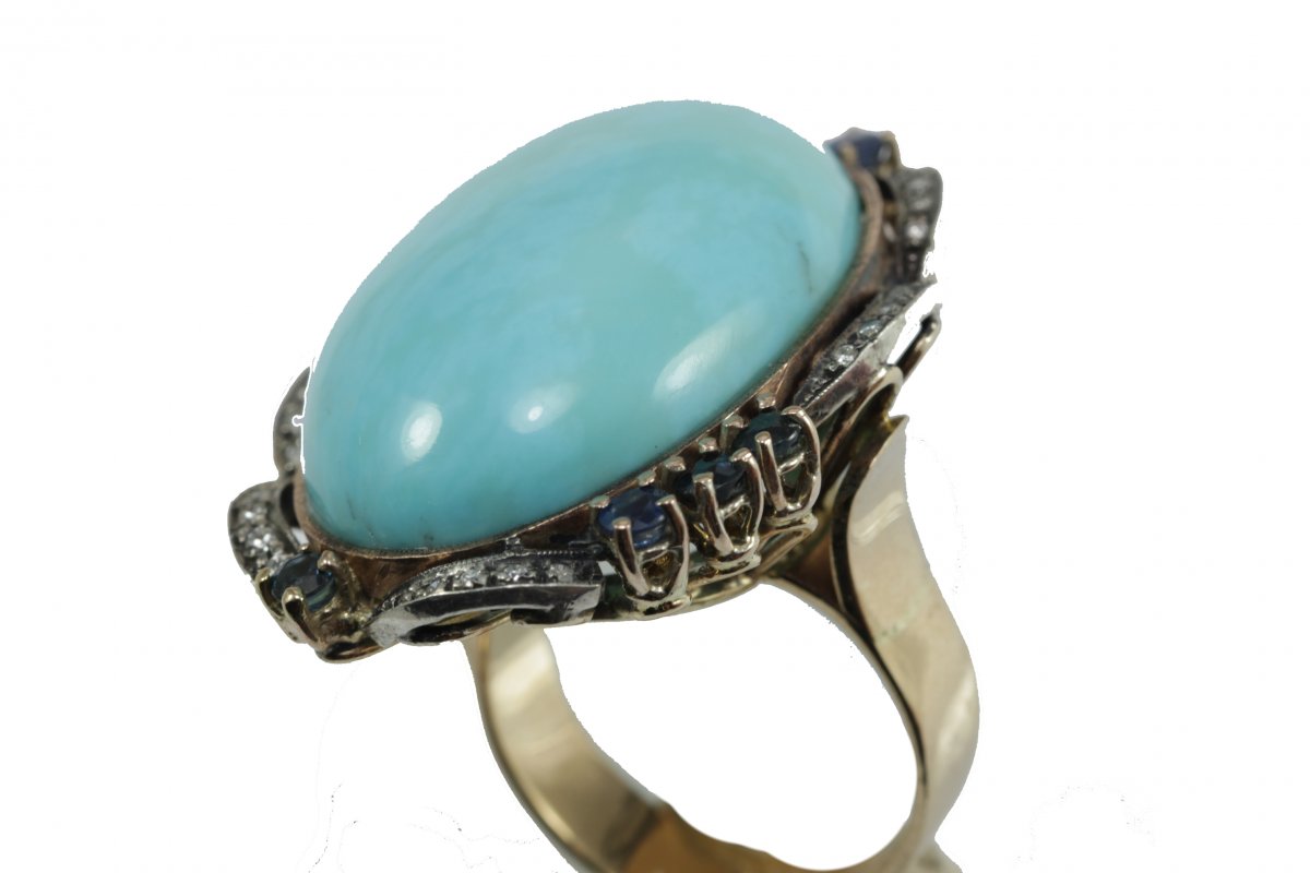 Bague Vintage Or Turquoise Saphire Diamant-photo-2