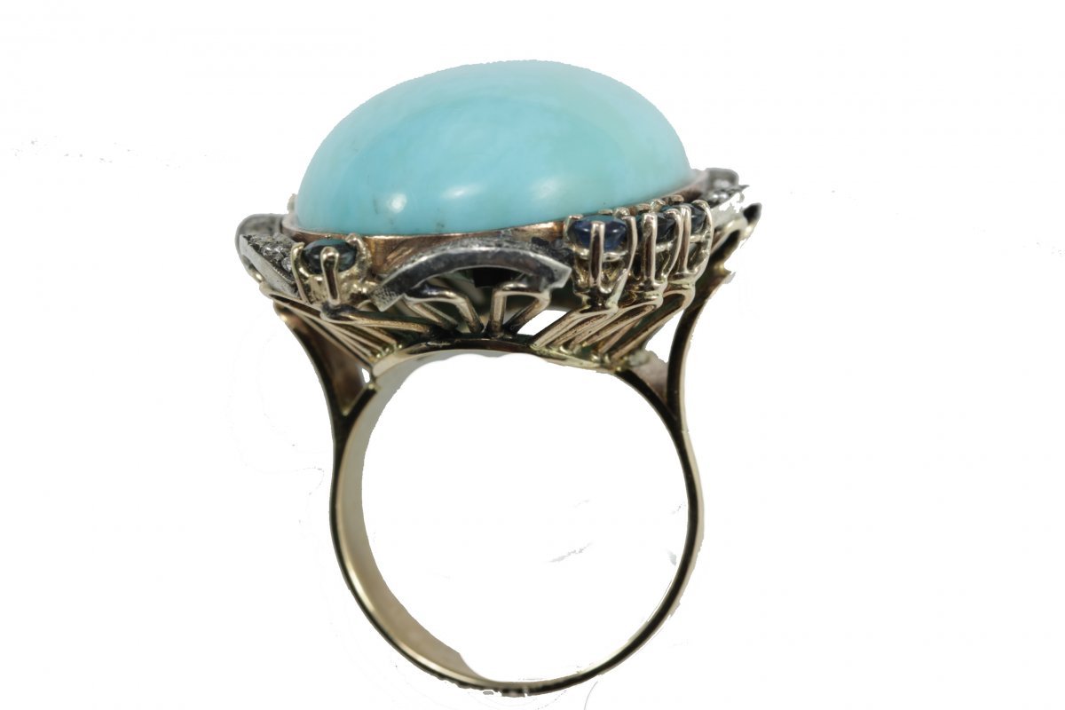 Bague Vintage Or Turquoise Saphire Diamant-photo-3