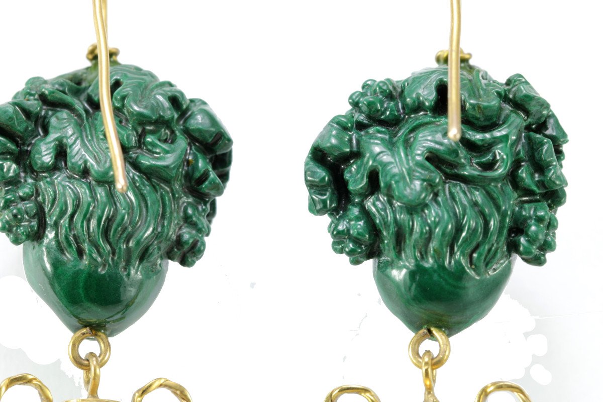 Boucles d'Oreilles Anciennes Or Malachite  Camee-photo-4