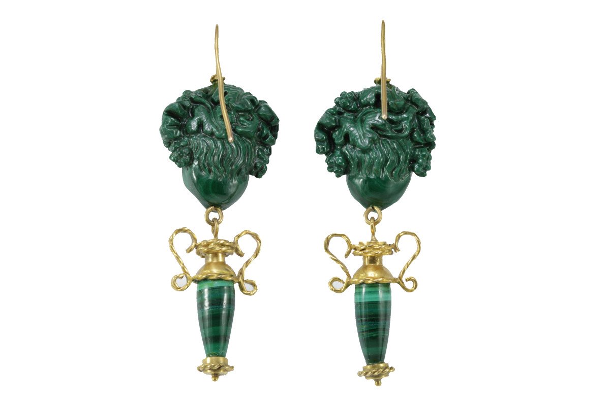 Boucles d'Oreilles Anciennes Or Malachite  Camee-photo-2