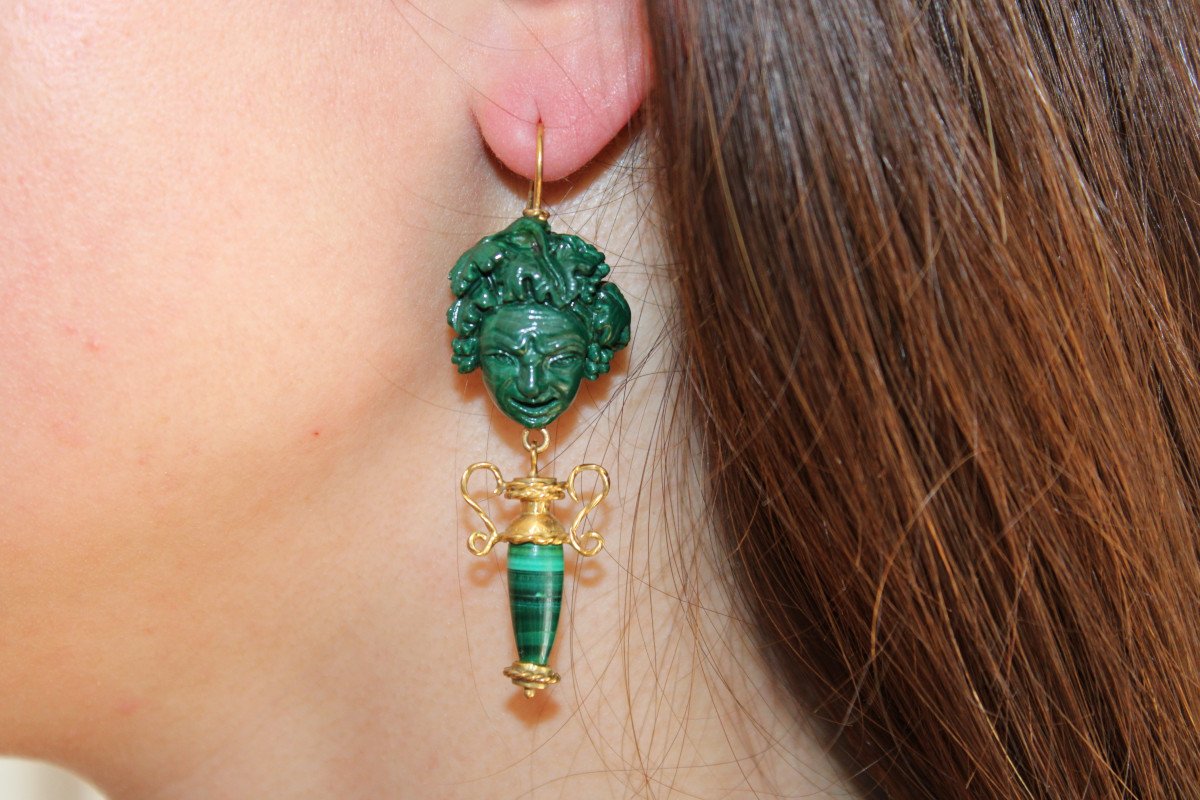 Boucles d'Oreilles Anciennes Or Malachite  Camee-photo-5